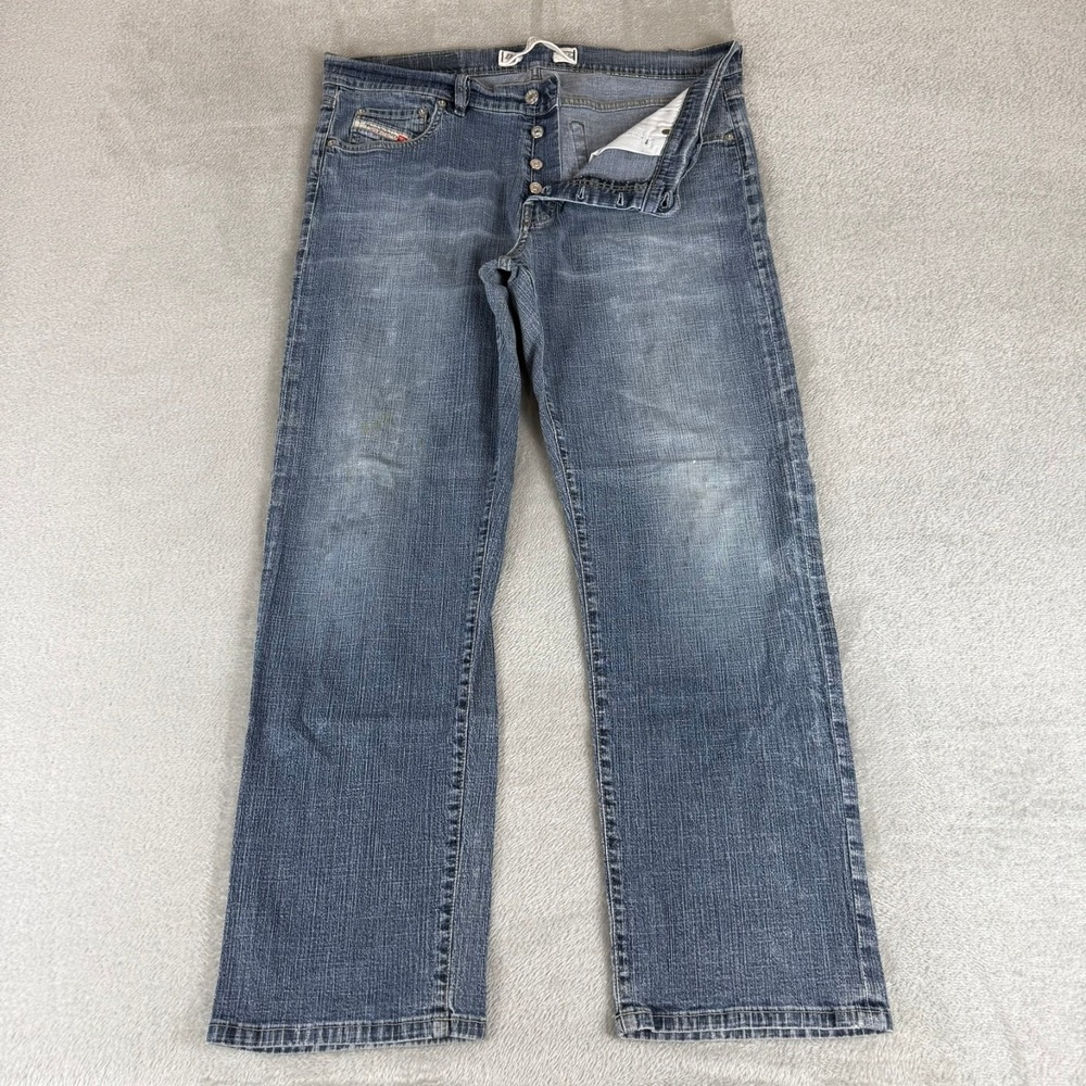 Diesel Kulter Straight Jeans Mens 38x29 Blue Distressed Stretch Button Fly Italy